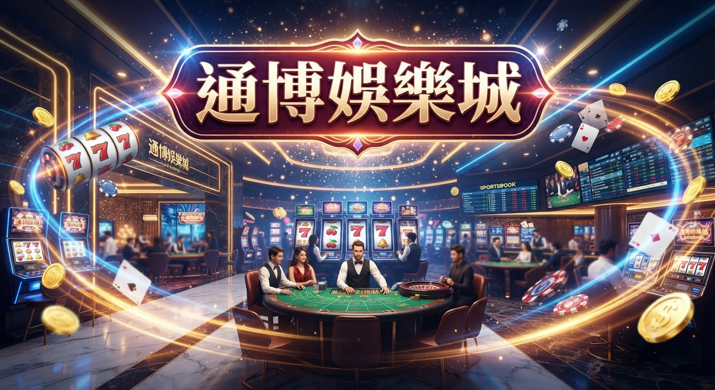 這張圖片展示了豪華通博娛樂城的內部環境,包含各式博弈遊戲機台與賭桌。 畫面中央上方呈現醒目的「通博娛樂城」標題,整體氛圍金碧輝煌且充滿娛樂氣息。