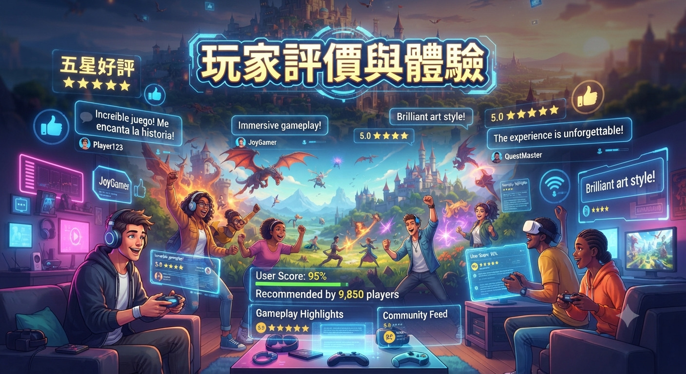 這幅圖像描繪了遊戲玩家在充滿活力的虛擬世界中互動,並圍繞著「玩家評價與體驗」的主題,展示了充滿正面回饋與社群互動的遊戲氛圍。 畫面上方以大標題呈現主題,周圍環繞著虛擬的評分系統與玩家評論視窗,生動地傳達了玩家對遊戲的高度滿意與熱情參與。