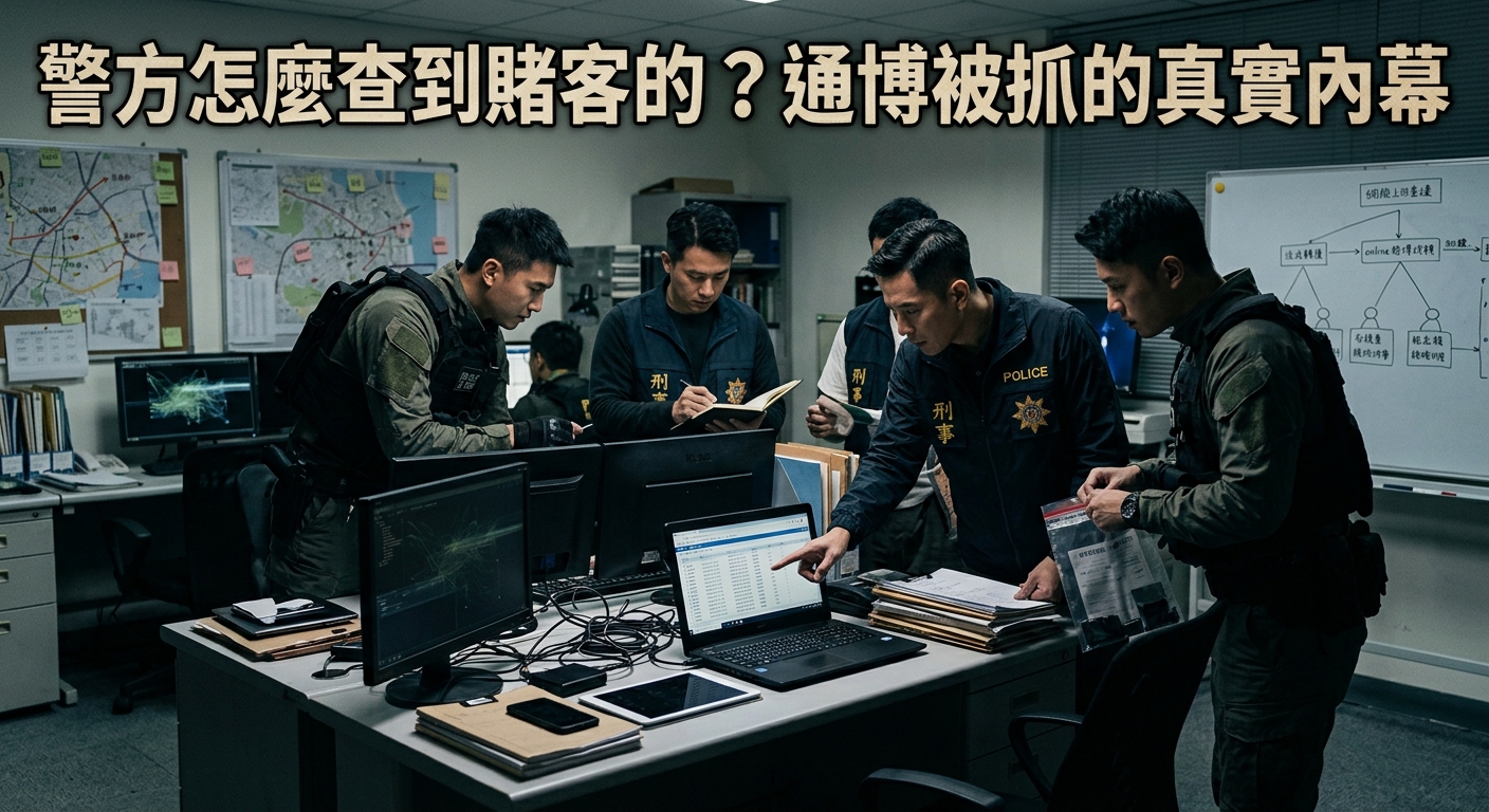 這張圖片展示了一群警員與刑事偵查人員聚集在昏暗的指揮辦公室內，正在透過電腦螢幕、文件與白板分析複雜的線上追蹤線索。 上方印有清晰醒目的標題「警方怎麼查到賭客的？通博被抓的真實內幕」，展現出警方進行調查與辦案的緊張肅殺氛圍。