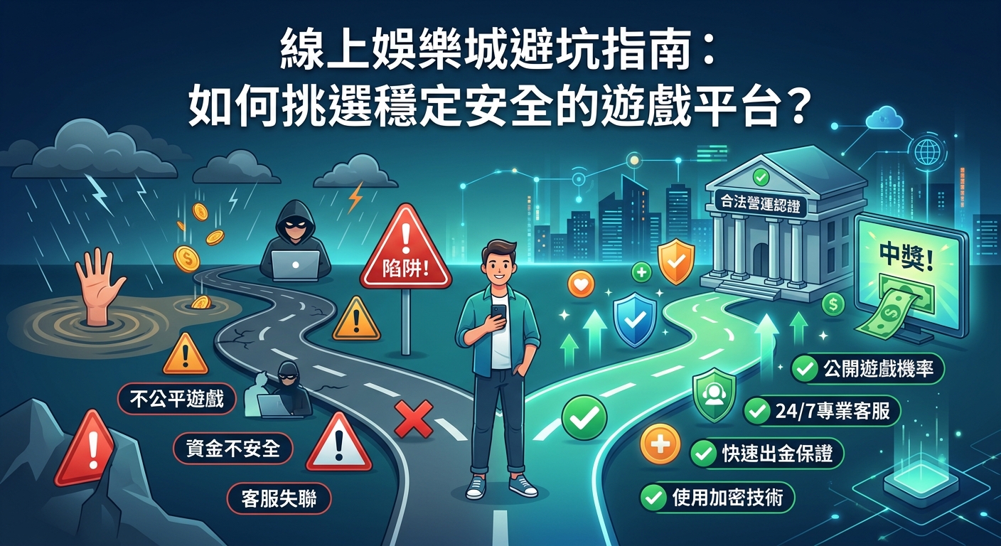 這張圖片展現了一個站在兩條道路岔路口的男子，左側是充滿風險與陷阱的暗色泥濘小徑，右側則是通往安全合法與透明保障的明亮科技大道。 畫面上方標有醒目的標題「線上娛樂城避坑指南：如何挑選穩定安全的遊戲平台？」，背景結合了數字圖表與加密元件，凸顯出平台安全選擇的重要性。